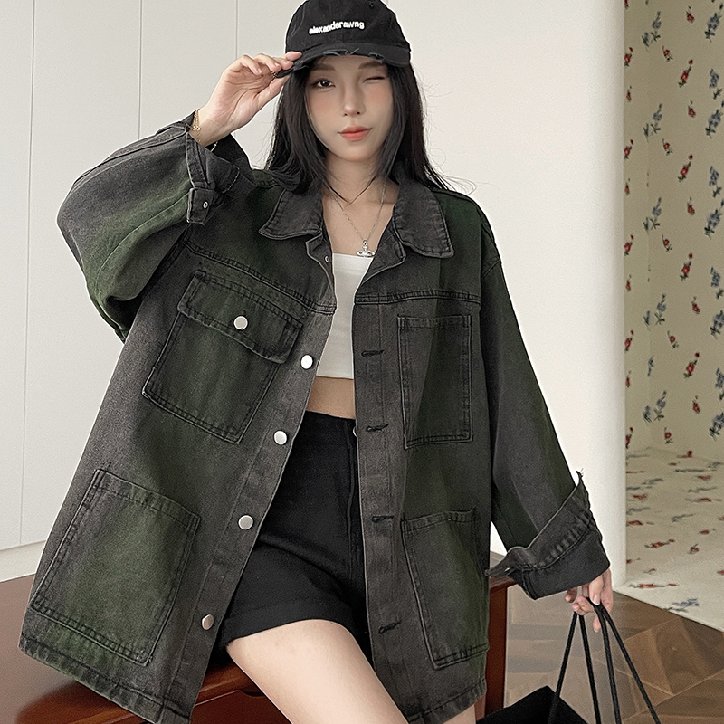 實拍！美式復古高街嘻哈水洗做舊牛仔外套女春秋寬鬆夾克上衣