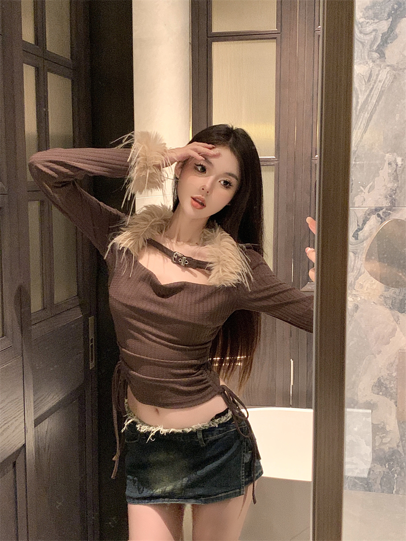 Real shot ~ American retro style hottie furry collar pleated long-sleeved slim sexy short T-shirt top for women