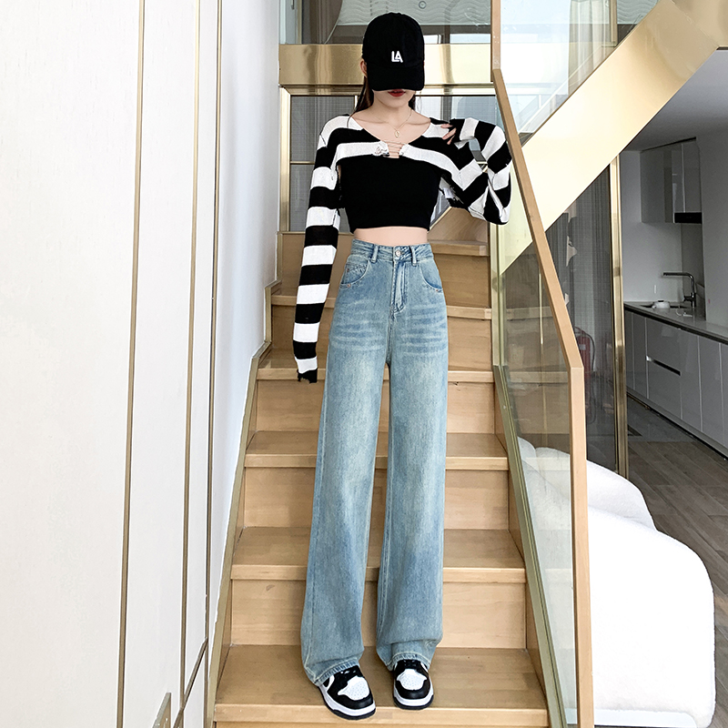 實拍2023秋季時尚高腰復古闊腿美式牛仔褲女