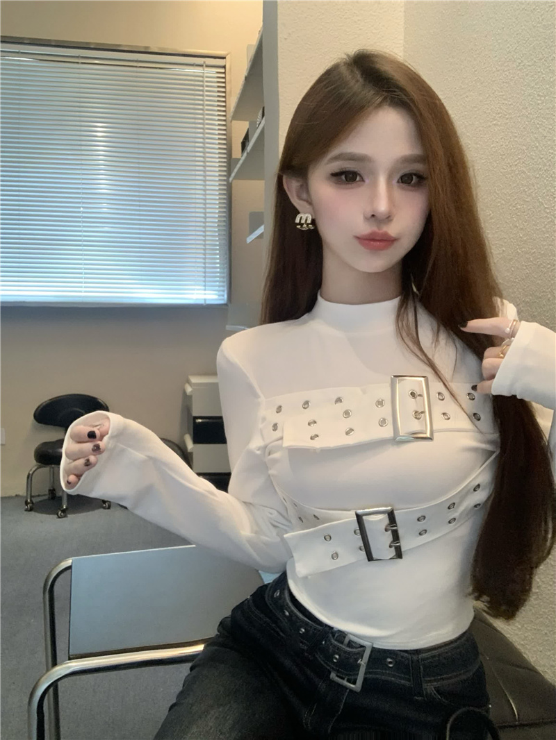 實拍~美式半高領設計感辣妹緊身顯瘦金屬扣小個子長袖打底衫