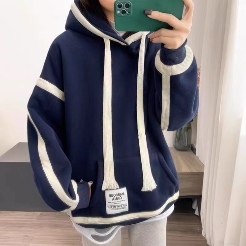 Design sense stitching contrasting colors autumn and winter velvet thickened hooded sweatshirt women's drawstring loose Korean style top jacket trendy