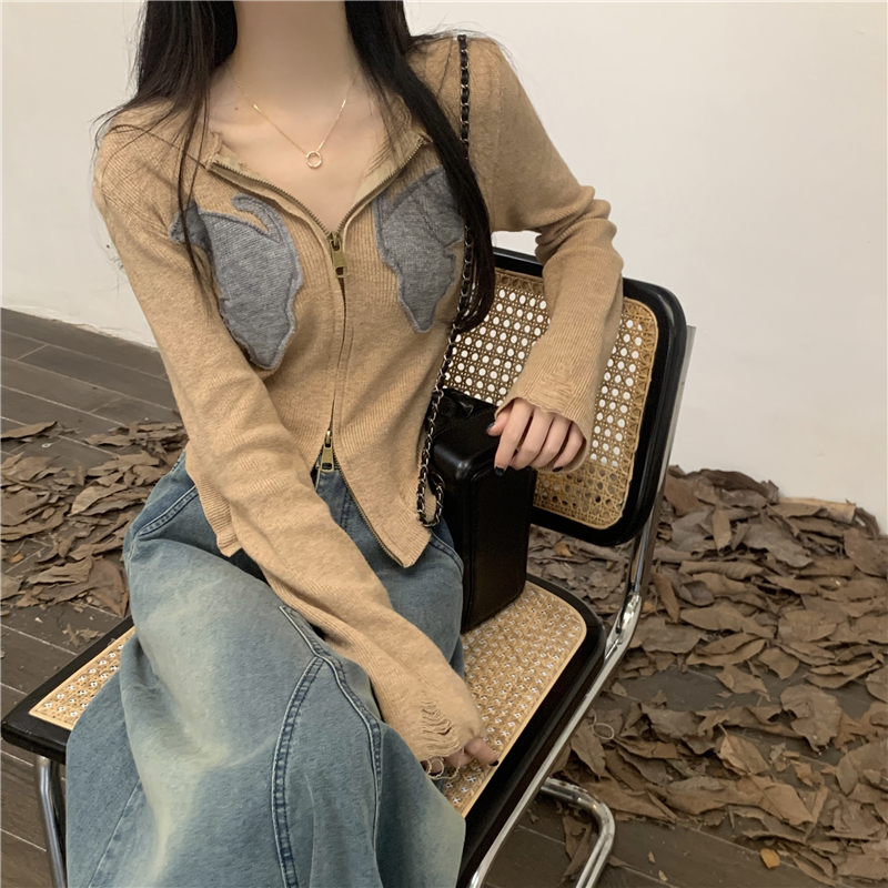 Actual shot of new autumn and winter retro hottie contrasting color hooded design knitted cardigan top for women