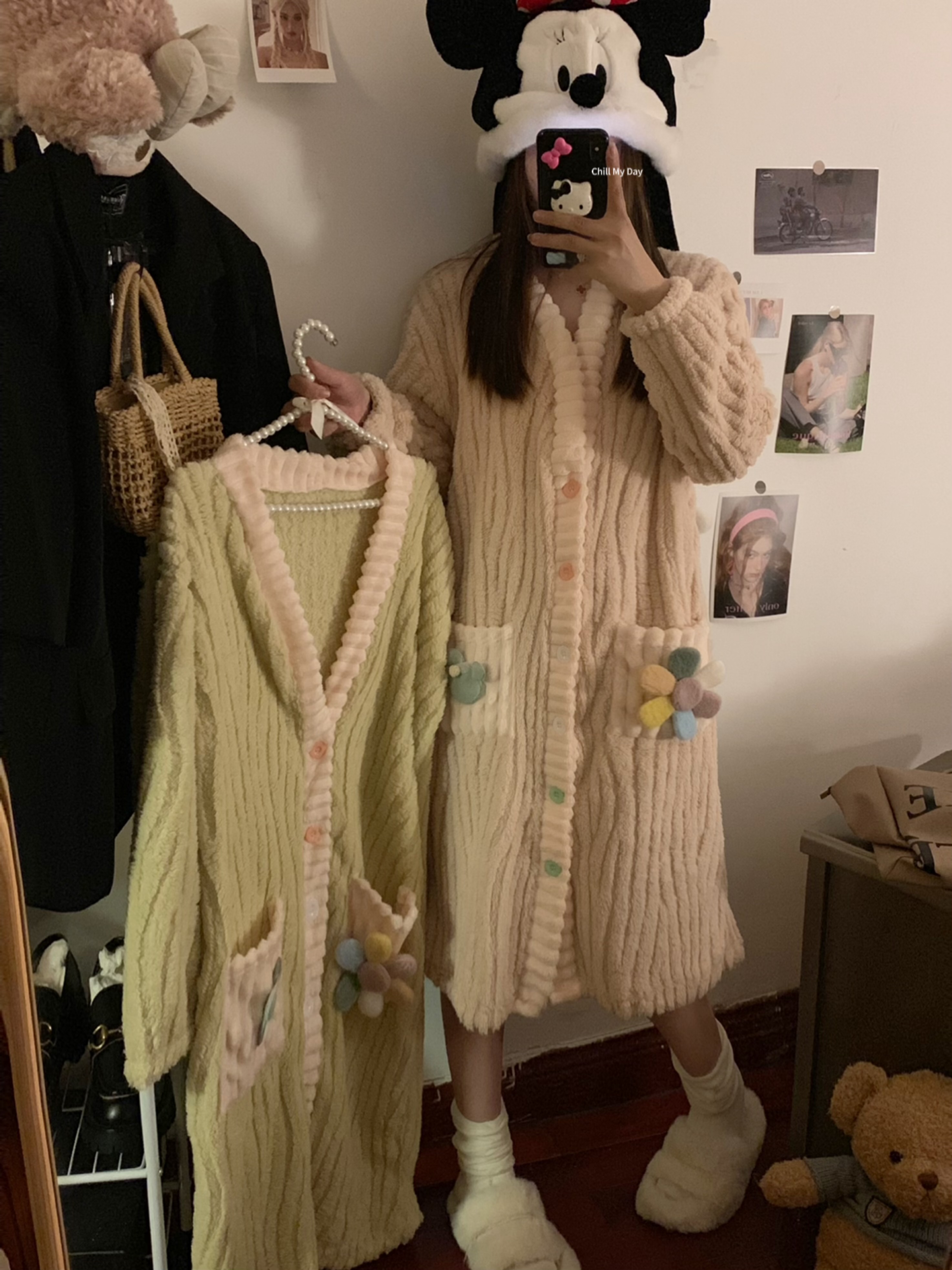 實拍甜美珊瑚絨睡裙女冬季法式寬鬆毛絨開衫家居服連衣裙睡衣