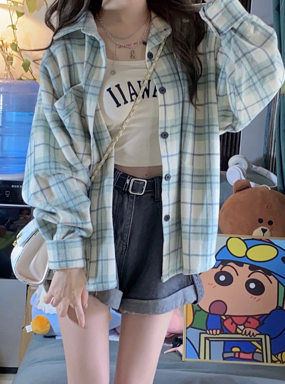 藍色格子休閒純棉長袖襯衫女小個子秋季學院風情侶外套潮原宿港風