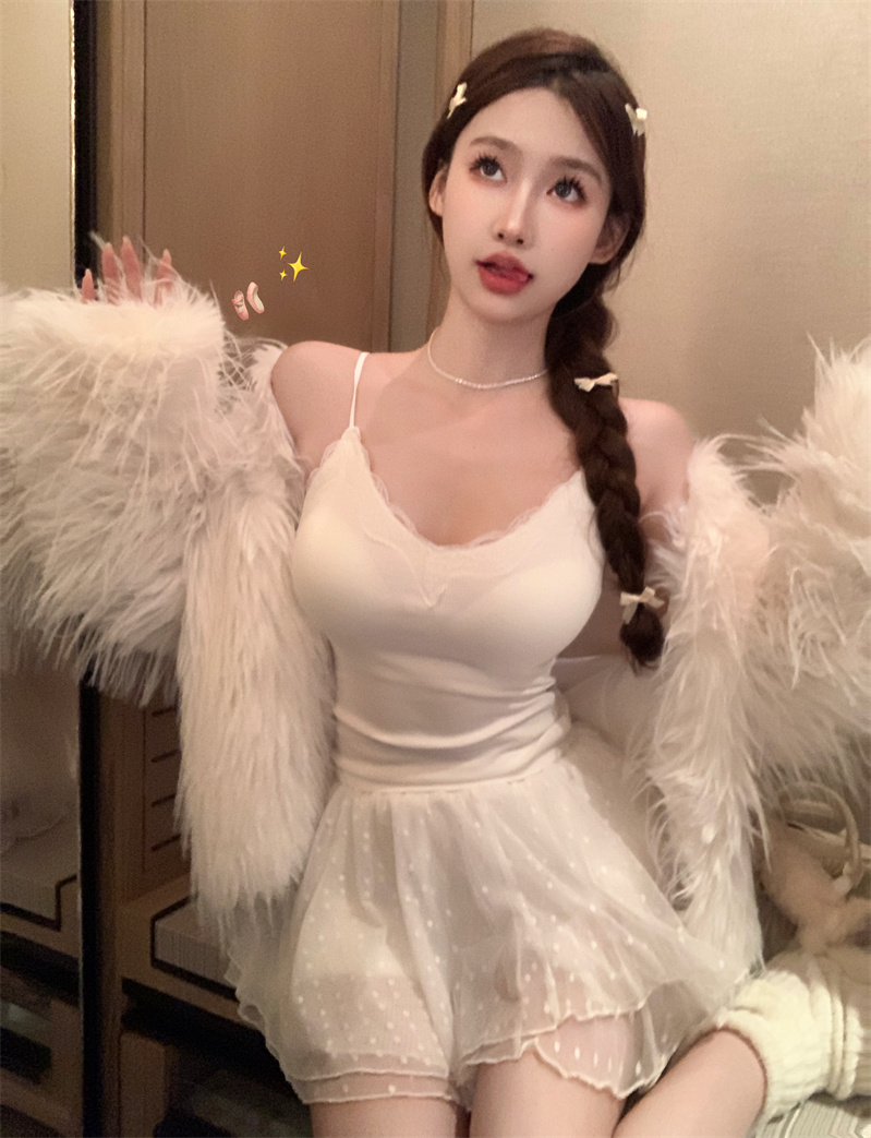 實拍 純欲風性感蕾絲拼接針織吊帶背心女秋季內搭帶胸墊修身