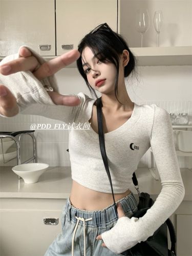 Retro Slim Fit Embroidered Moon Short Women's Autumn Long Sleeve Navel Exposed T-Shirt