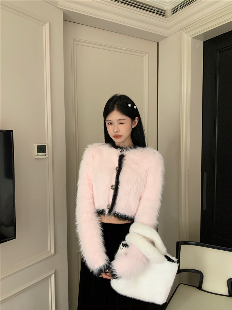 實拍 辣妹風撞色短款馬海毛長袖毛衣女冬季修身開衫外套