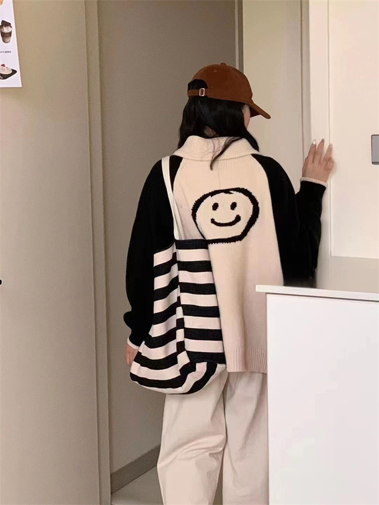 ~韓國東大門2023秋冬女高品質撞色笑臉拉鏈羊毛毛衣開衫外套