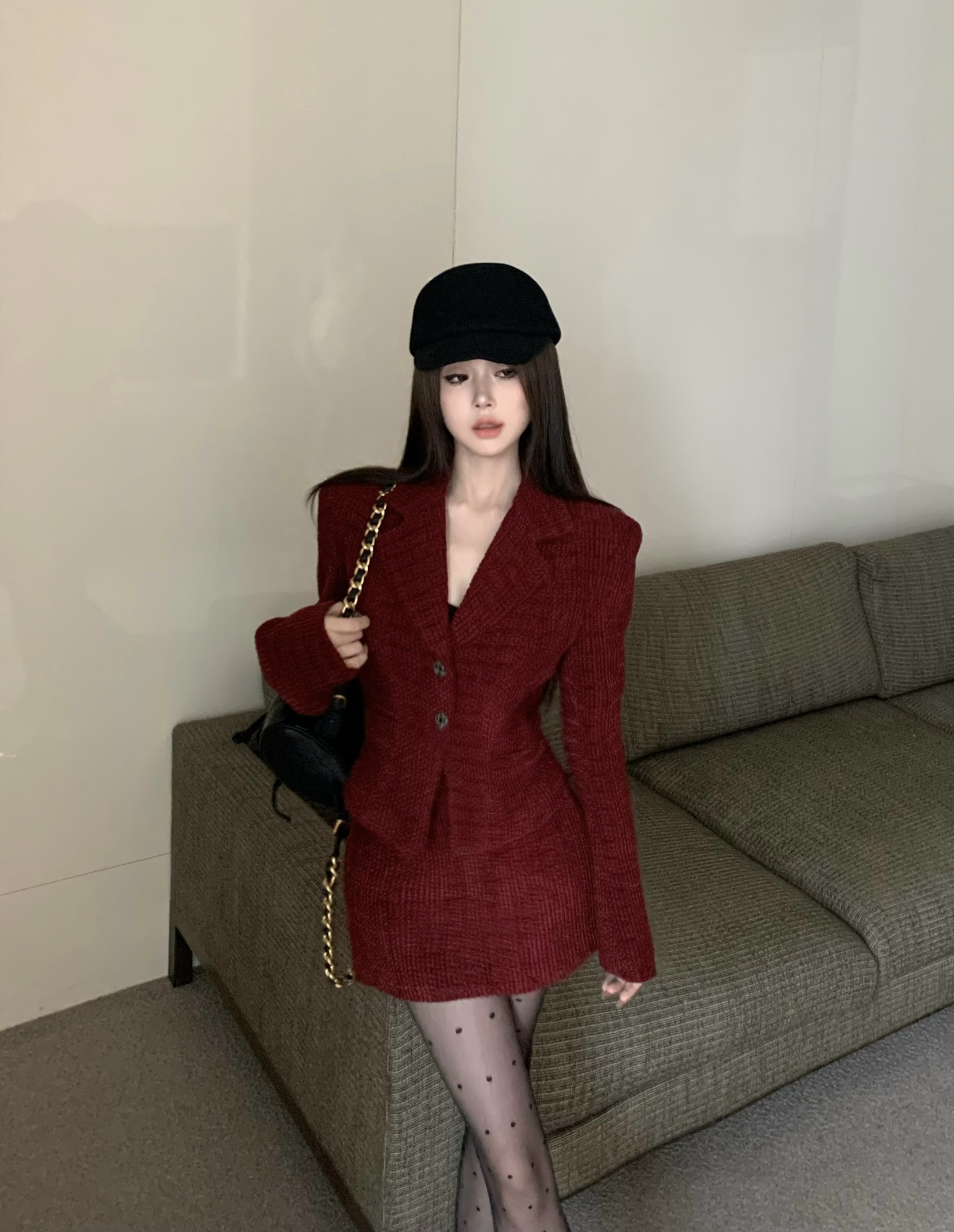 復古勃艮第紅短款西裝上衣外套+半裙