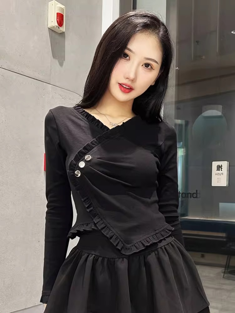 德絨三顆扣荷葉邊修身長袖T恤秋冬氣質短款上衣女