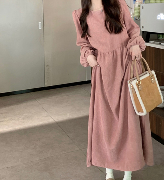 燈芯絨 連衣裙女秋季2023新款洋氣收腰燈籠袖淑女A字裙子寬鬆長裙