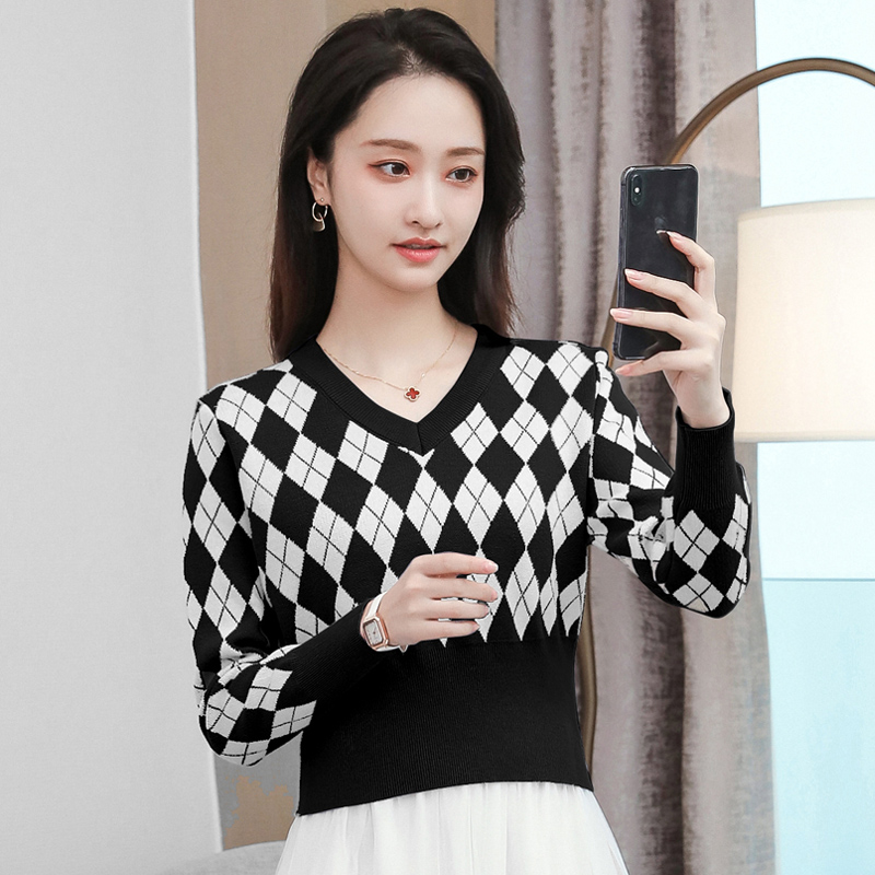 高腰毛衣女短款修身百搭2023秋冬小個子法式菱格羊毛衫打底針織衫