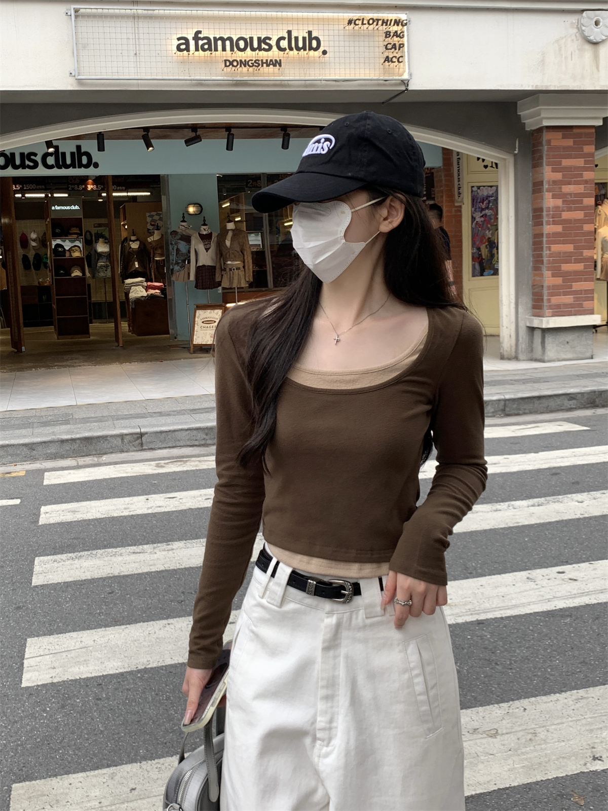 實拍 秋冬韓版修身方領撞色假兩件設計感德絨內搭T恤長袖上衣