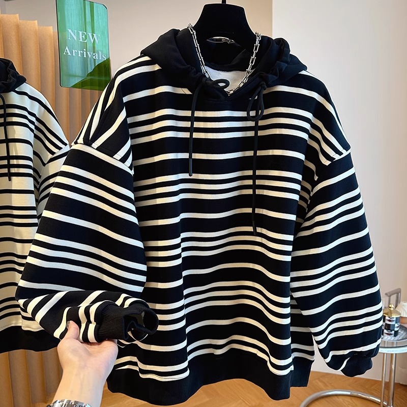oversize寬鬆休閒大版條紋連帽衛衣女春秋重磅高級感歐貨上衣