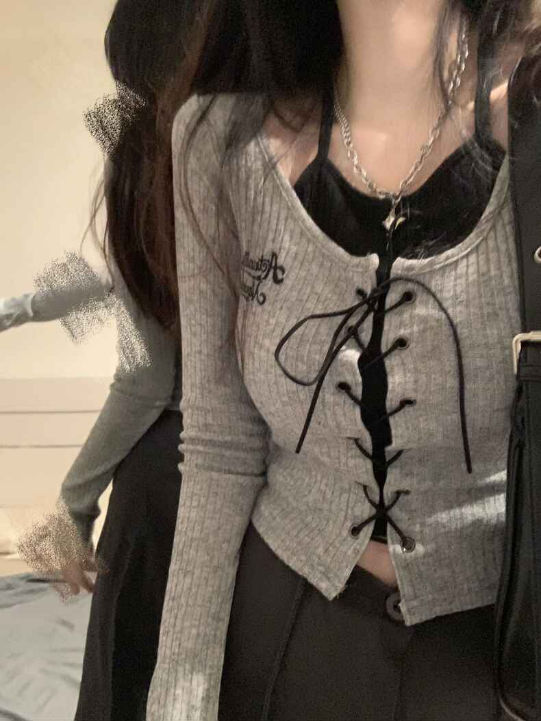 穿出女神范美式復古假兩件背心綁帶長袖t恤女秋修身顯瘦短款上衣