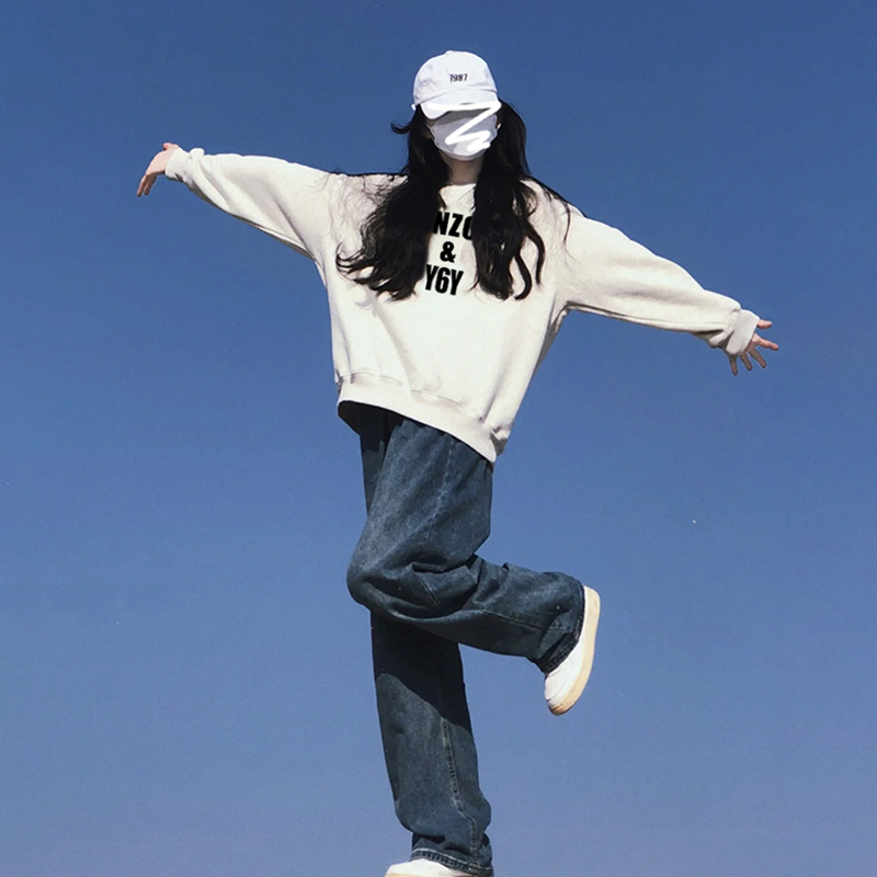 美式復古oversize白色加絨圓領衛衣女秋冬2023新款小眾小個子上衣