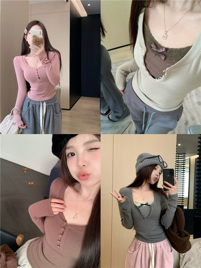 實拍美拉德色系多色純欲辣妹顯瘦打底衫上衣+吊帶
