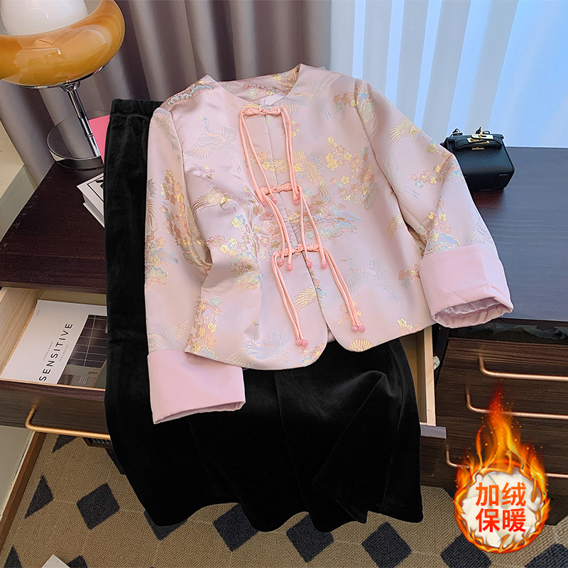 New Chinese-style Chinese-style coat for women with cotton embroidery, round neck, autumn and winter temperament, versatile and fashionable long-sleeved outer fringed top