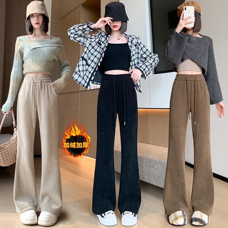 實拍加絨加厚歐棉絨微喇褲子女秋冬2023新款雪尼爾窄版闊腿休閒褲
