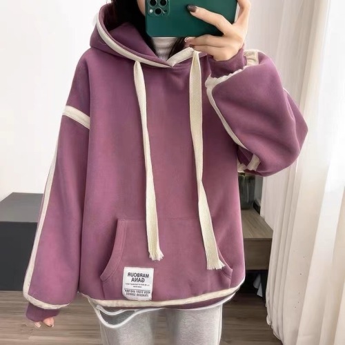 Design sense stitching contrasting colors autumn and winter velvet thickened hooded sweatshirt women's drawstring loose Korean style top jacket trendy