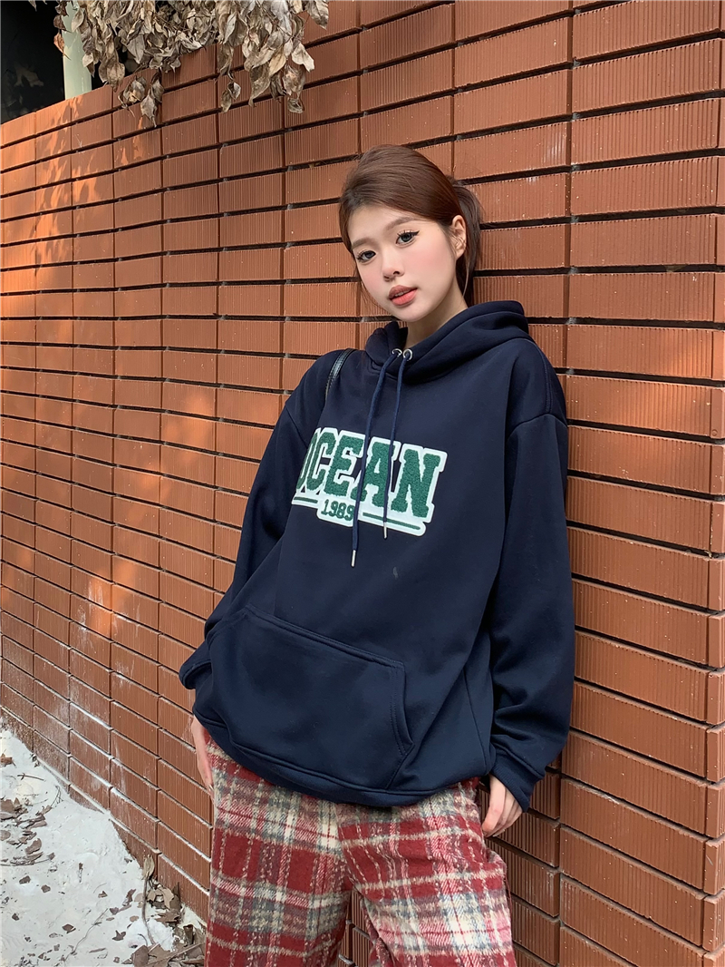 實拍 ~刺繡寬鬆連帽美式慵懶風甜酷秋冬加厚長袖衛衣