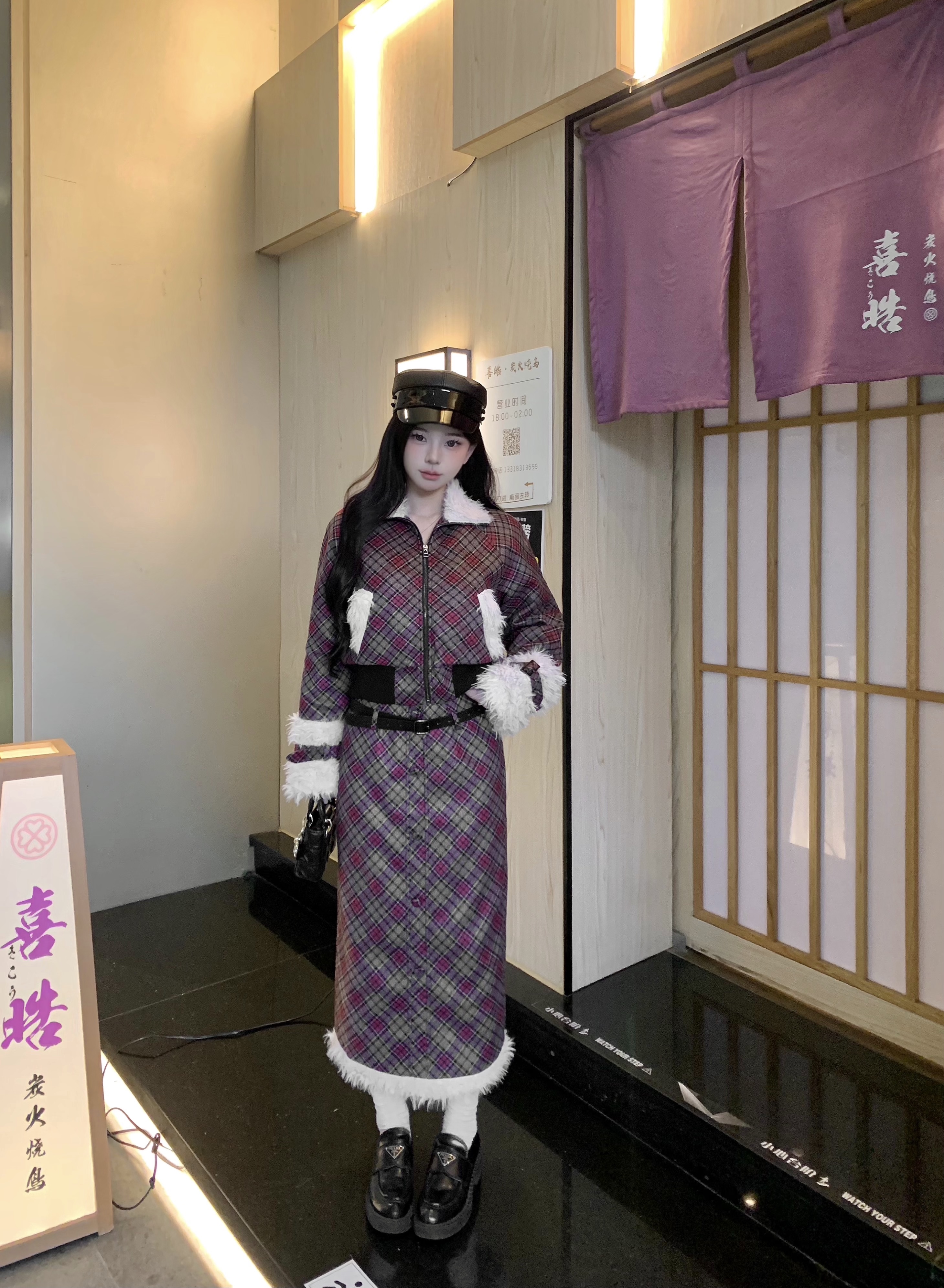實拍~秋冬復古格紋設計感毛絨拼接外套+高腰長裙小香風套裝