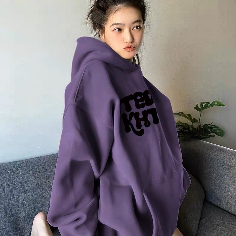 紫色美式連帽衛衣女秋冬加絨加厚設計感小眾寬鬆國潮oversize上衣