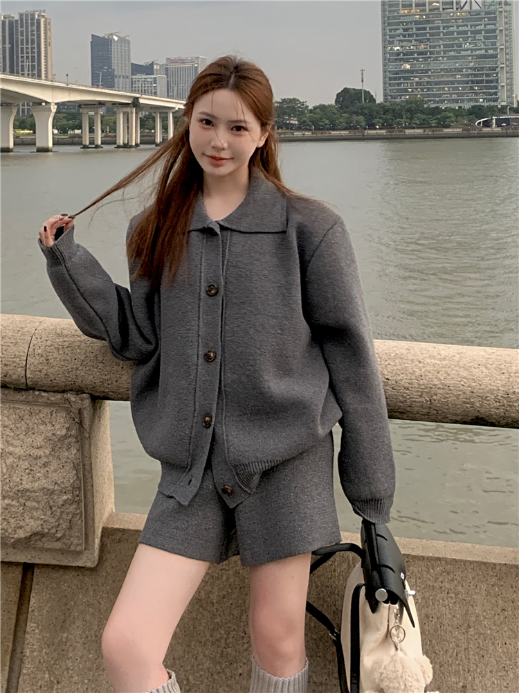 實拍~設計感POLO領毛衣開衫外套針織闊腿褲秋冬兩件套女
