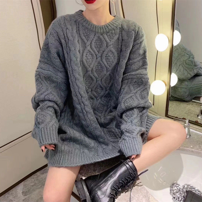 韓國chic 2023新款復古慵懶風寬鬆加厚外穿麻花菱紋中長款毛衣女