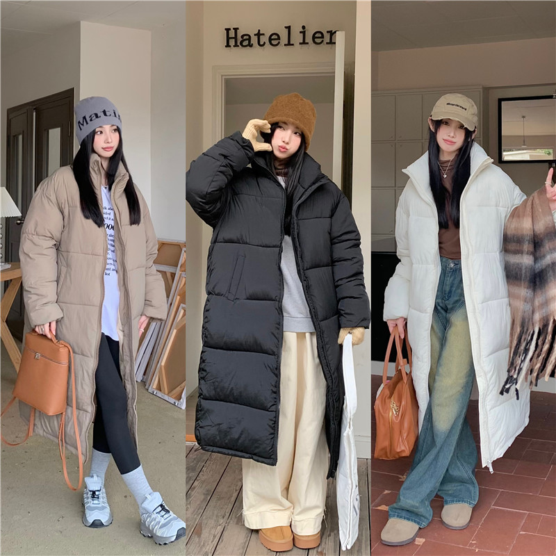 Actual shot of long knee-length down jacket for women in winter, new loose slimming thickened warm cotton jacket