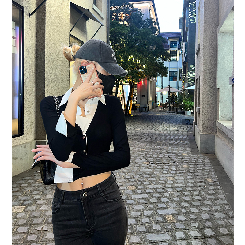 POLO領長袖襯衫女春撞色假兩件新款開衫辣妹修身彈力短款露臍上衣