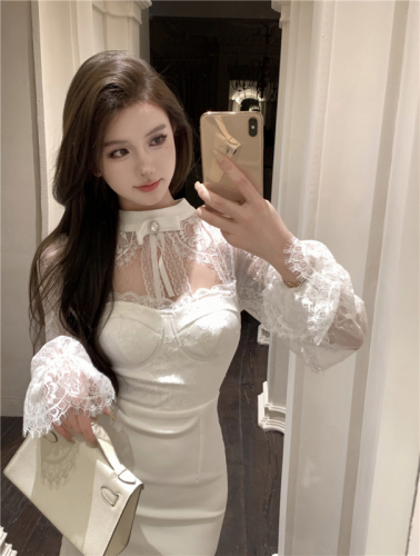 Real shot French stand-up collar eyelash lace slimming dress sexy hollow V-neck hip-hugging short skirt