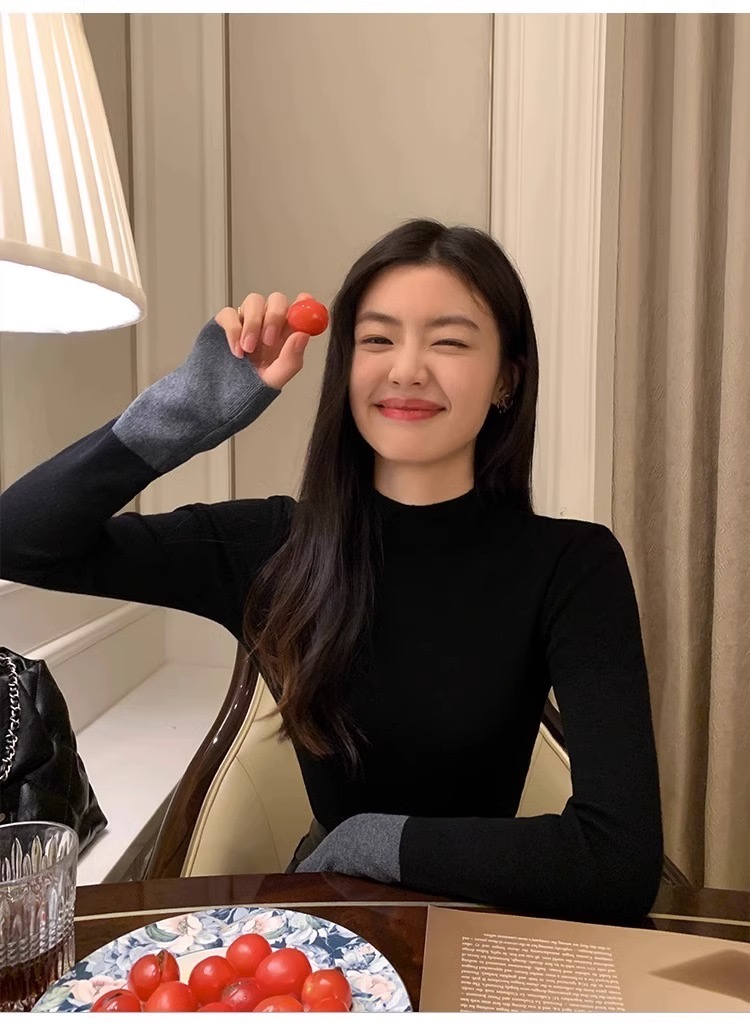 pusumede撞色長袖針織衫女設計感小眾修身顯瘦百搭氣質打底衫上衣