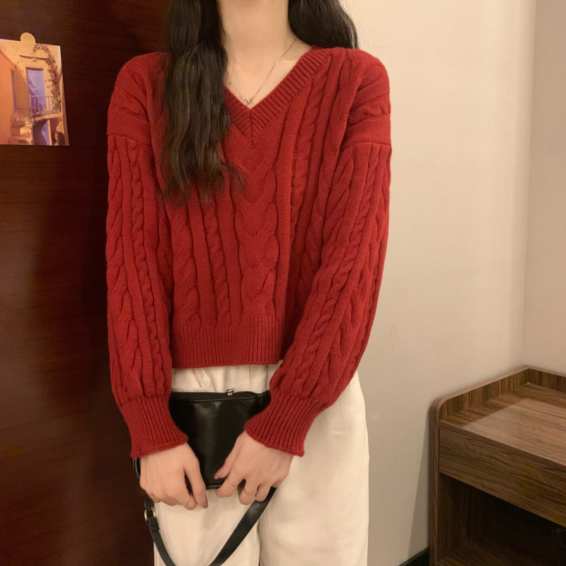 實拍~韓版百搭V領寬鬆慵懶風復古麻花套頭新年紅毛衣