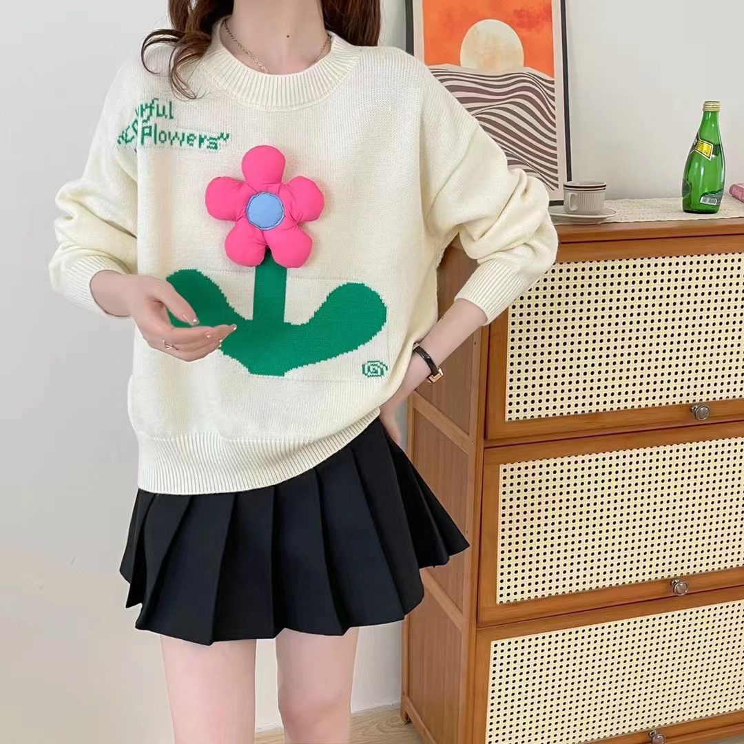 溫柔風立體花朵套頭毛衣女秋冬外穿重工寬鬆慵懶中長款針織衫上衣