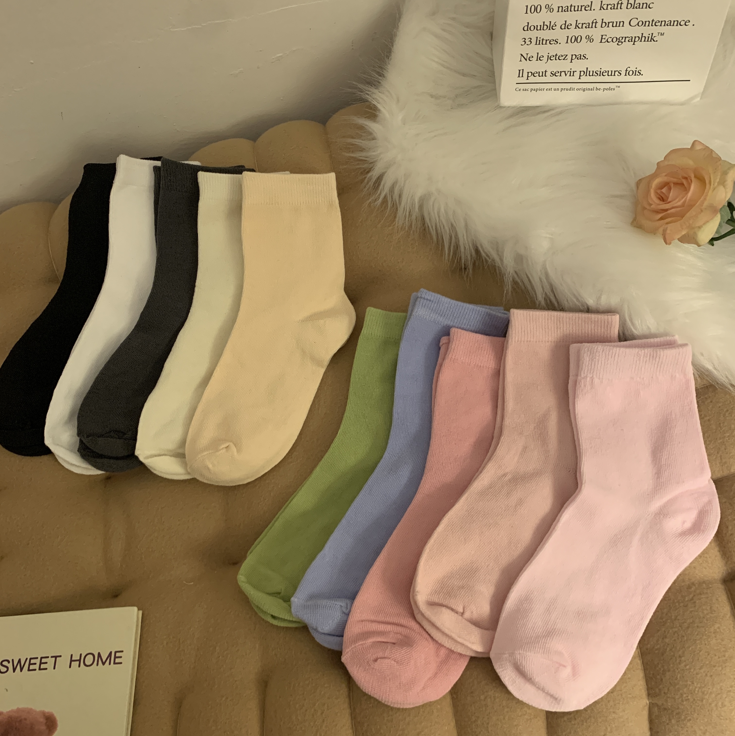 Actual shot Korean style versatile candy color solid color mid-calf socks pure cotton pile socks 5 pairs pack