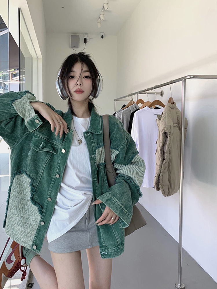 美式復古拼接綠色牛仔外套女秋季設計感小眾寬鬆炸街夾克開衫上衣