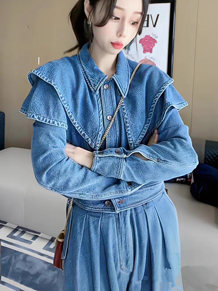 早秋復古韓版牛仔套裝女氣質Polo領荷葉邊長袖高腰顯瘦長褲兩件套