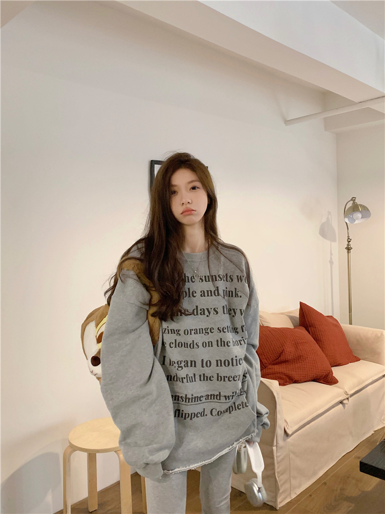 實拍~美式金典休閒百搭情侶設計感套頭衛衣毛衣印花字衛衣女