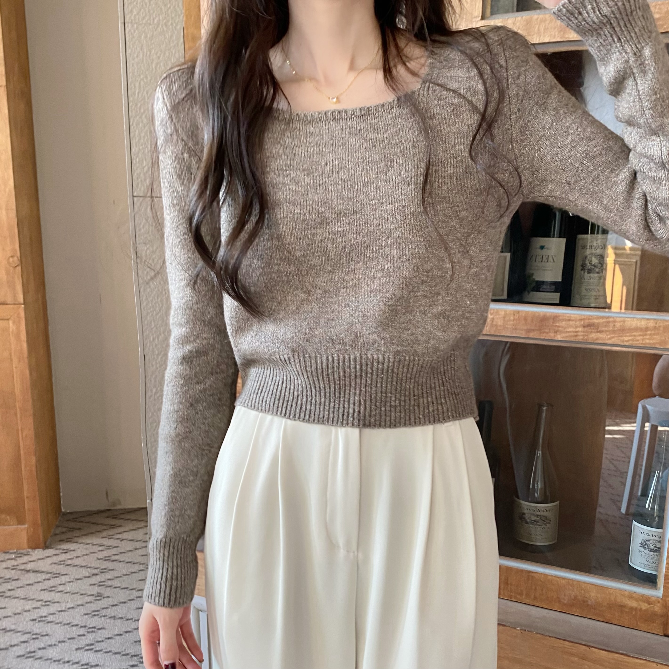 實拍 秋冬韓版修身方領短款內搭純欲毛針織衫女上衣