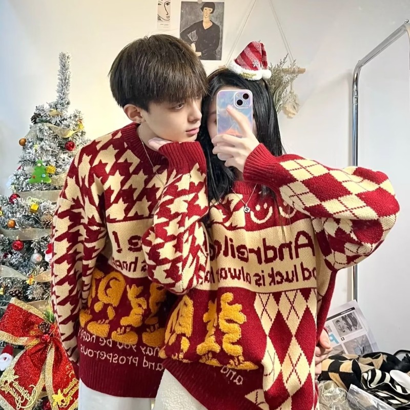 國潮美式hiphop創意情侶毛衣男2023秋冬設計感慵懶風紅色針織線衫