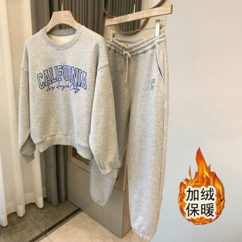 加絨加厚休閒運動套裝女秋冬季新款時尚寬鬆印花衛衣兩件套