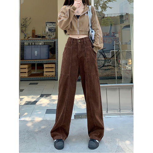 Chic corduroy work casual pants for women autumn 2023 new style American retro high waist wide leg trousers trendy ins