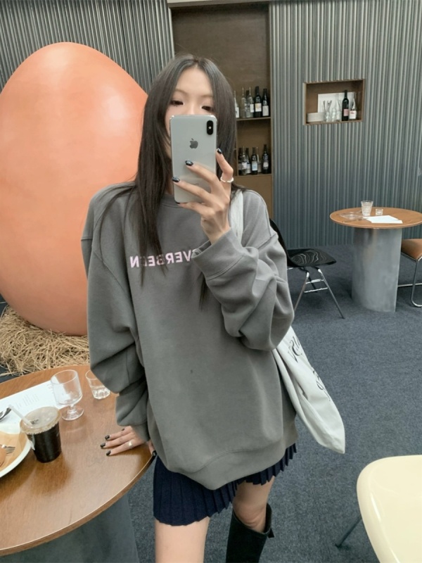 kumikumi簡約休閒字母印花長袖套頭衛衣女裝早秋寬鬆顯瘦百搭上衣