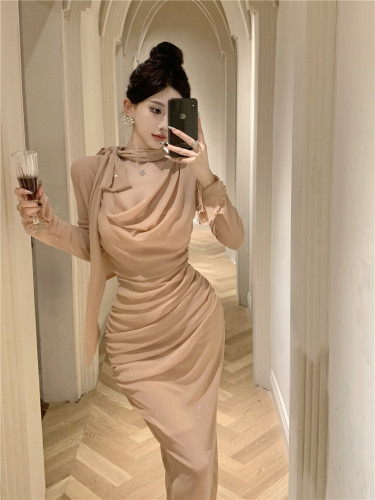 Photographed Shiny Bow Tied Strap Swing Collar Bell Sleeve Cinched Waist Pleated Mid-Length Slimming Dress