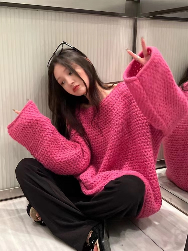 South Korea's Dongdaemun authentic Korean style autumn lazy style loose solid color sweater women's personality off-shoulder short sweater