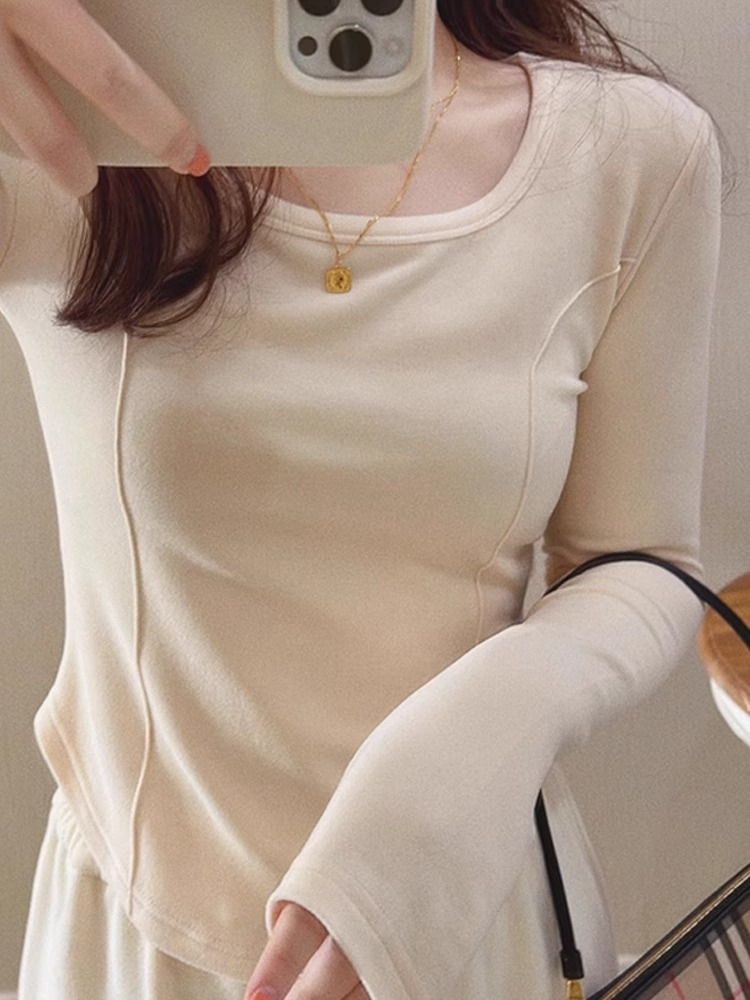 福利款內搭德絨打底衫女秋冬辣妹長袖t恤方領正肩緊身魚骨上衣