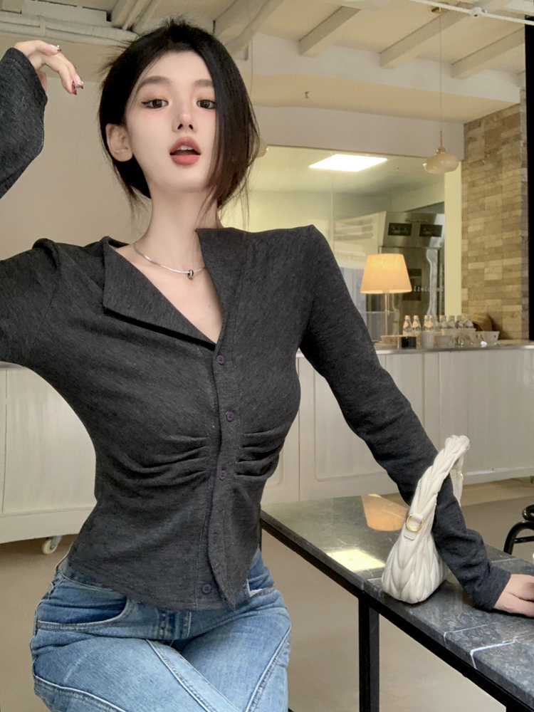 實拍 辣妹修身顯瘦褶皺加絨外穿內搭打底上衣