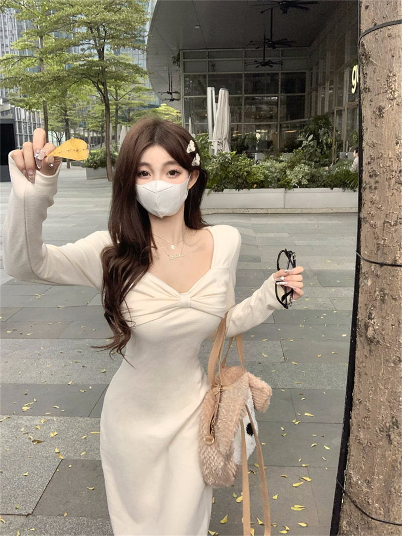 實拍 秋季新款蝴蝶結性感修身打底連衣裙