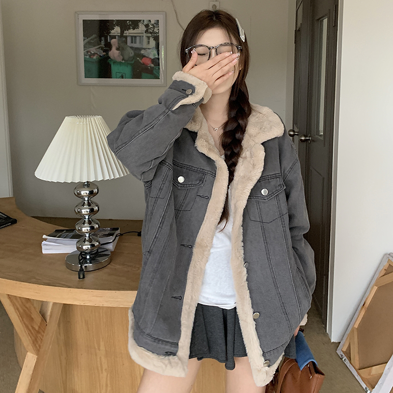 實拍！流行漂亮牛仔外套女秋冬高級感炸街加絨加厚慵懶風毛毛